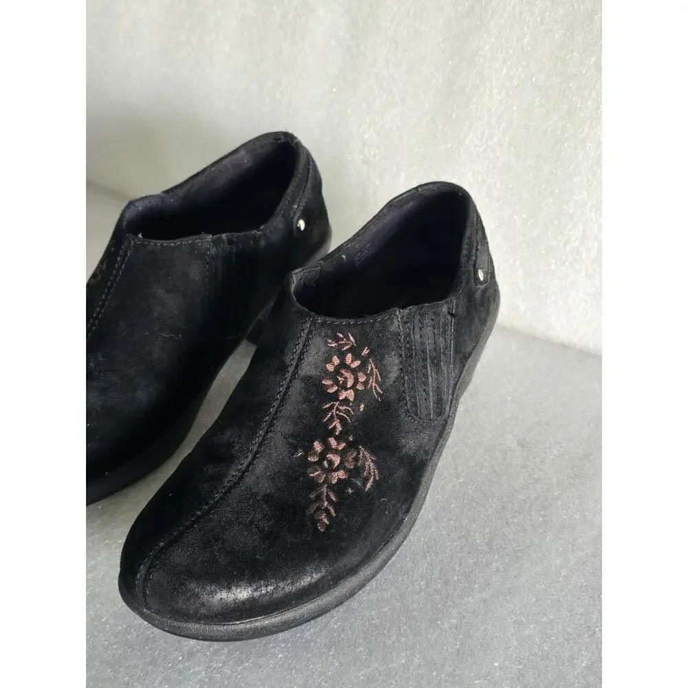 Klogs Missy Women's 7.5 M Black Suede Embroidery Clog Comfort Cottagecore Fairy